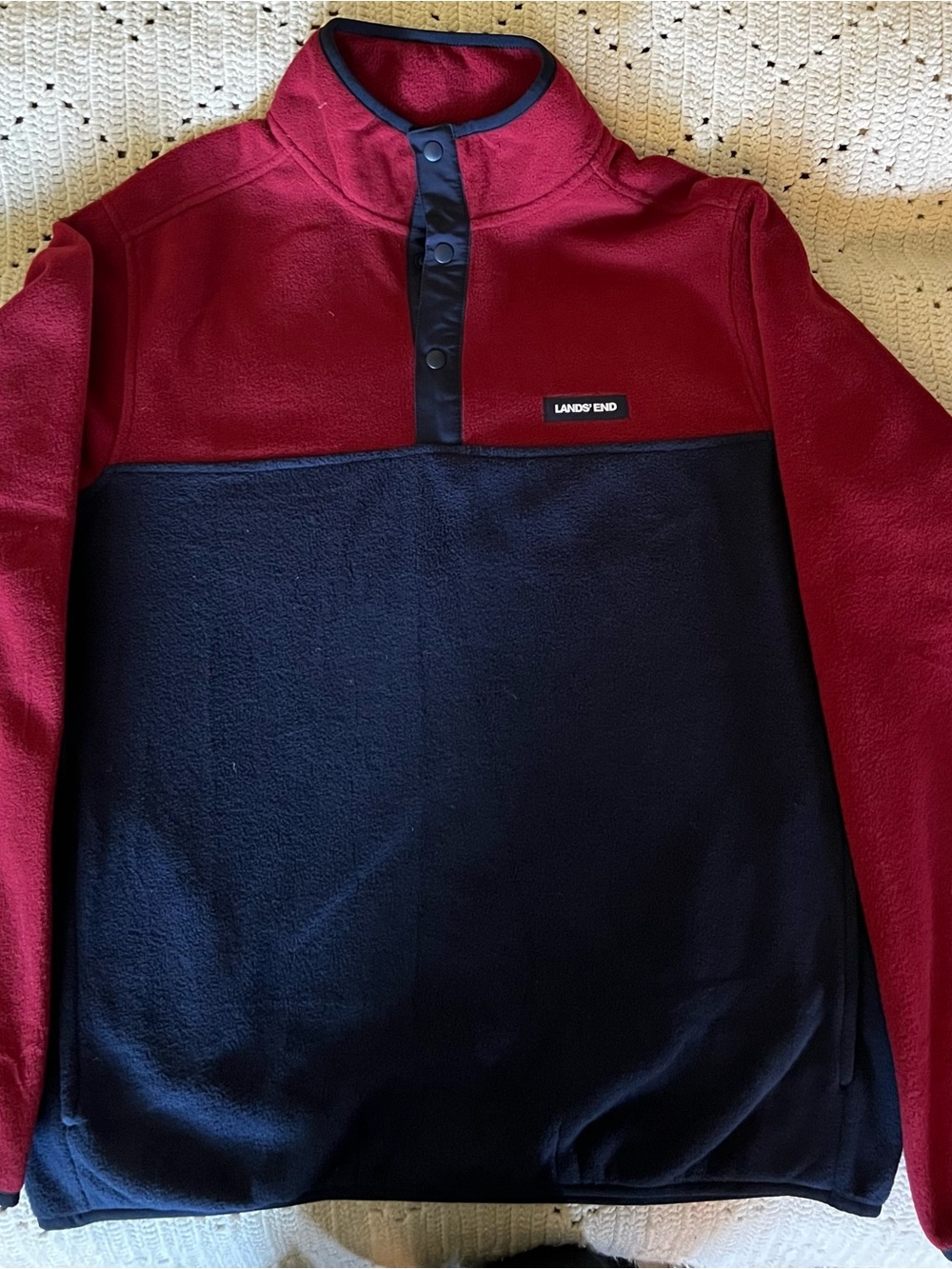 Lands' End red and black color-blocked fleece pullover #fleece #colorblock